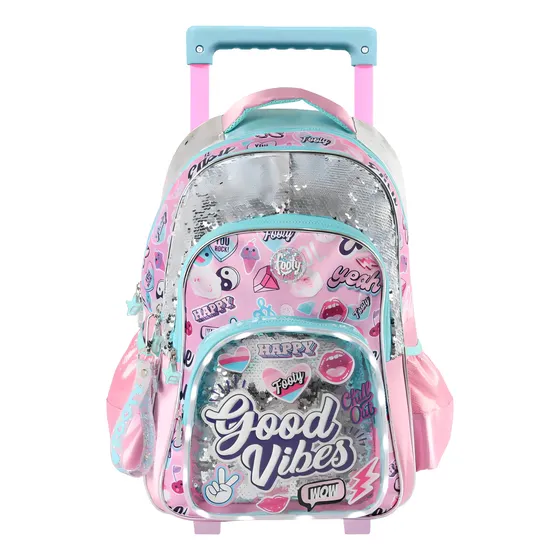 Mochica Con Carro Good Vibes Con Luz F2121 Color Rosa Diseño De La Tela Liso