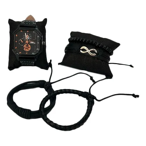 Reloj Correa Semi -cuero Negro + Pulseras