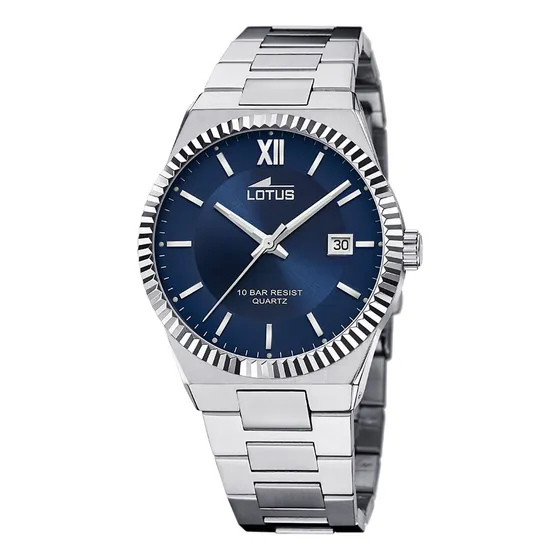 Reloj Pulsera Lotus Para Hombre Elegante Correa Plateado Bisel Plateado Fondo Azul Marino