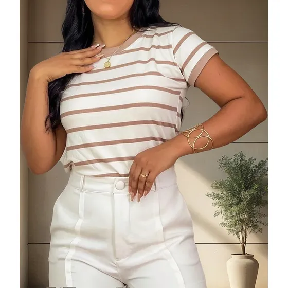 Blusa Feminina Tshirt Camiseta Listrada Minimalista Básica