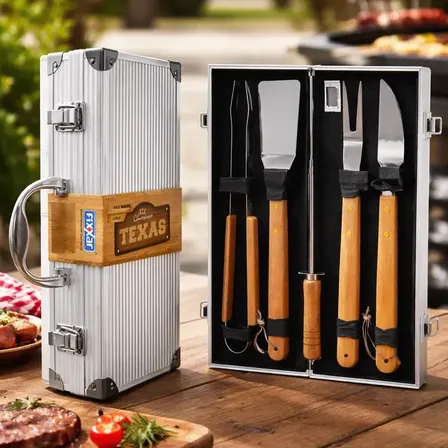 Kit Churrasco Texas Cabo Longo Faqueiro Maleta Em Alumínio