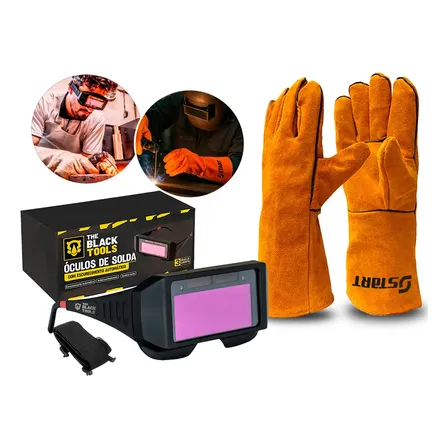 Óculos De Solda Com Escurecimento Automático Liso Anti-Reflexo The Black Tools + Luvas De Raspa Cano Longo Cor Laranja