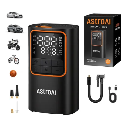 Mini Compressor de Ar Portátil sem fio de 5200mAh AstroAI ,manômetro digital de 150PSI,bomba para bicicletas com display digital duplo,bomba para pneus de carro com luzes LED