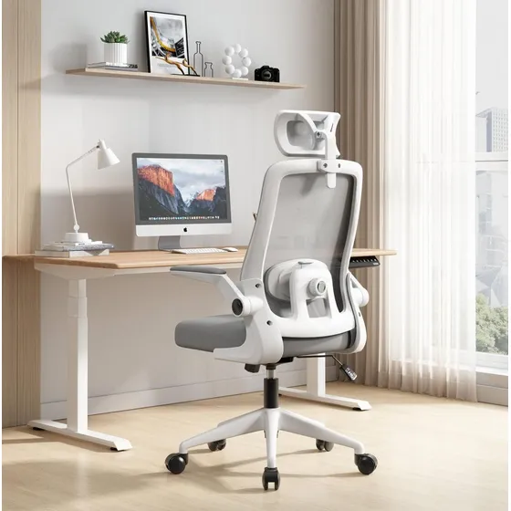 Silla De Escritorio Ergonómica Con Soporte Lumbar Y Cabeza Color Blanco/gris Material Del Tapizado Algodón