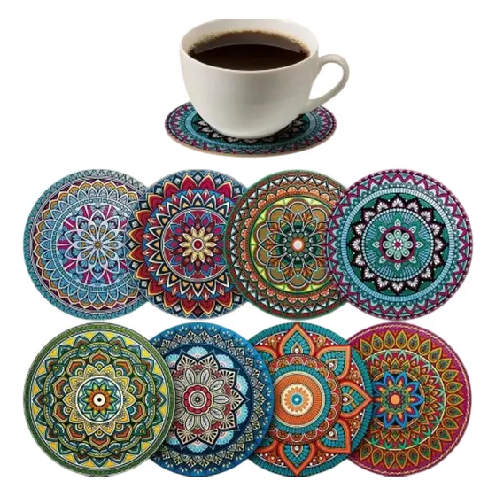 Set 8 Portavasos Mandalas Madera Natural Decoración Mesa