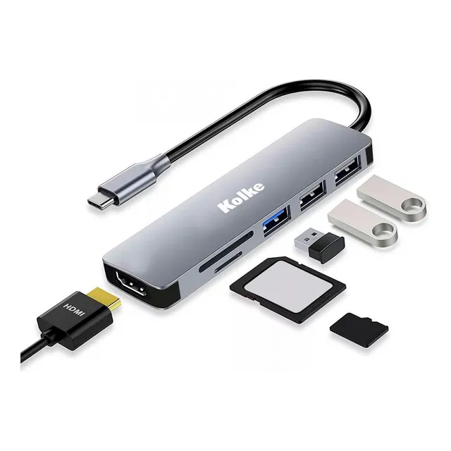 Hub Usb C Kolke KCH-680 7 Puertos Hdmi Usb 3.0 Sd Micro Sd Plateado