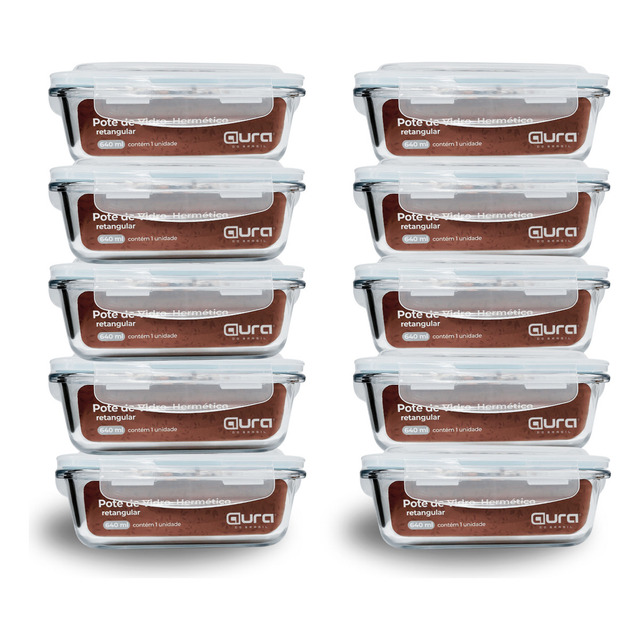 Conjunto 10 Potes 640ml Vidro Hermético 4 Travas Marmita Aura Do Brasil
