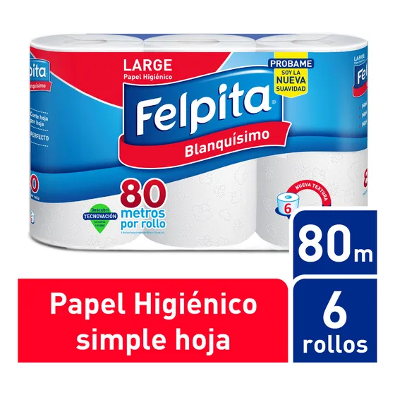 Papel Higiénico Felpita Blanquísimo Simple Hoja 80 M De 6 U