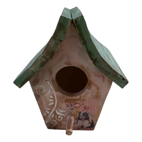 Casita Para Pájaros Mini En Madera Pintadas Rosa Claro Techo Redondo