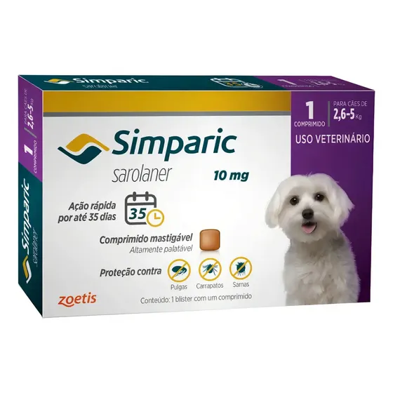 Simparic 1 Comp 10mg Pílula Antiparasitária Contra Pulgas Amarelo