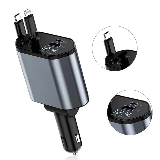Carregador Veicular Turbo 120w 4 Em 1 Com Cabos Retráteis Usb E Tipo C Para iPhone E Android