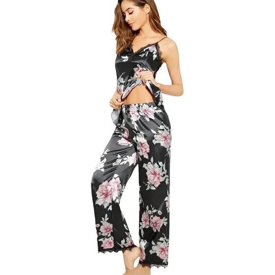 Conjunto De Pijama De Seda De Saten Para Mujer 093