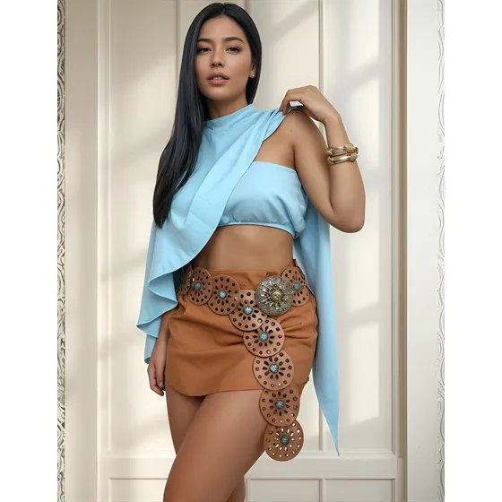 Conjunto Feminino Cropped Faixa E Capa Boho Gola Alta E Top