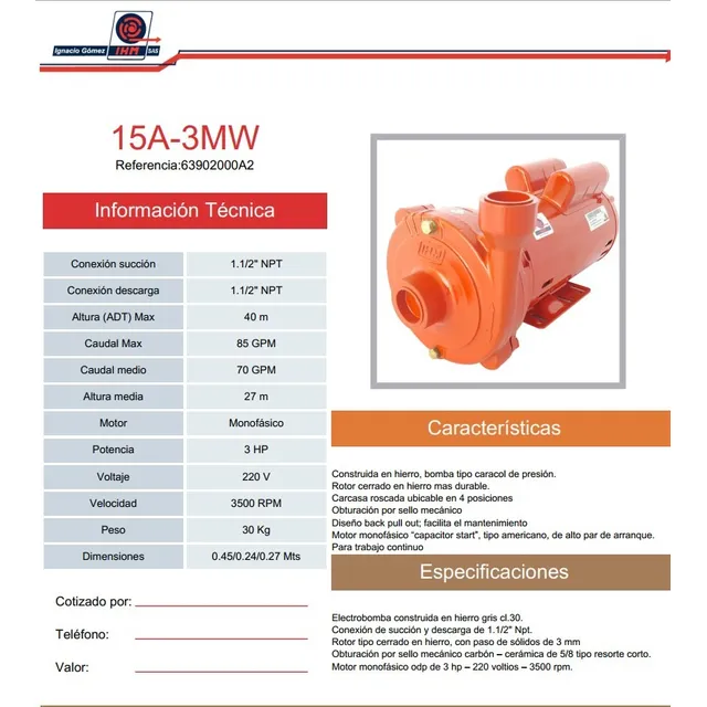 Bomba Centrifuga Ihm 3 Hp 220 V 1ph 15a-3m (1 1/2 X 1 1/2)