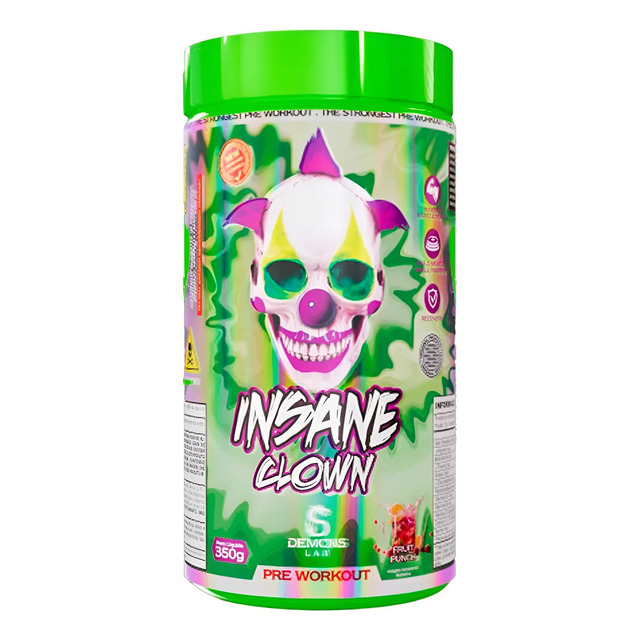 Pote de suplemento pré-treino Insane Clown da Demons Lab, 350g, sabor Fruit Punch, com rótulo ilustrado com um palhaço estilo caveira e tampa verde.