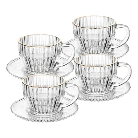 Jogo 4 Xícaras Cristal 220ml Borda Dourada Imperatriz Wolff Com Pires Transparente Com Borda Dourada Liso
