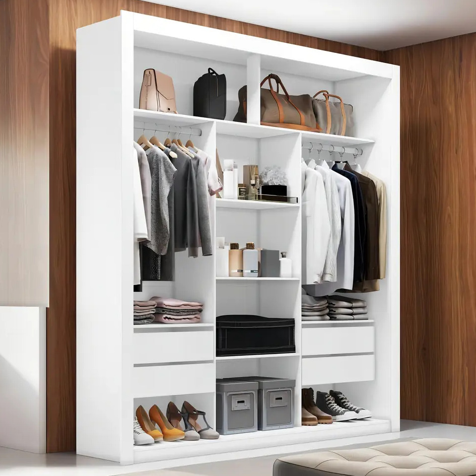 Guarda roupa casal MDF com gavetas e prateleiras