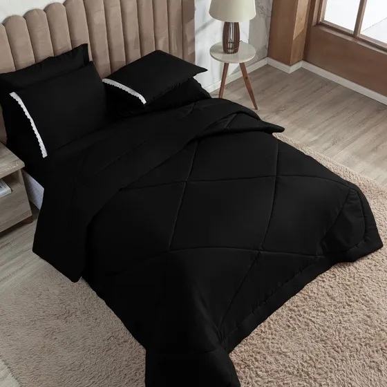 Conjunto Casal Queen 6 Unidades Completo Cama Box Cor Preto Desenho Do Tecido Aconchego