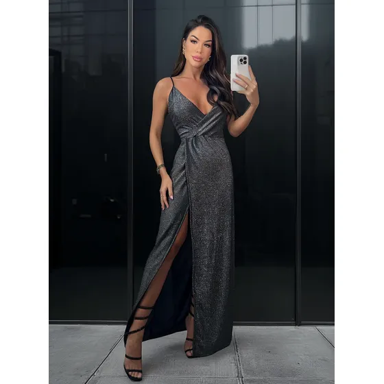 Vestido Longo Com Fenda E Brilho Lurex Formatura Casamento