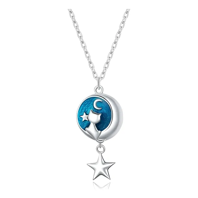 Collar Para Mujer Dije Gato Media Luna En Plata 925