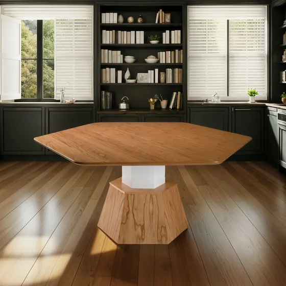  Mesa De Jantar Marjorie Sextavada Pinhão 140 Cm Pés