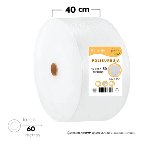 Rollo Plástico Papel Burbuja Chica Rollo 40 Cm X 60 M