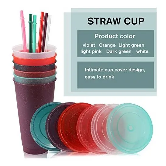 6 Juego Vaso Popote Tapa Botella Agua Plastico Taza 24