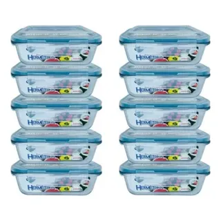 Kit 10 Pote Hermético De Vidro Retangular 640ml Quality House Azul-claro Kit 10 Pote Hermético De Vidro Retangular 640ml Quality House Azul-claro