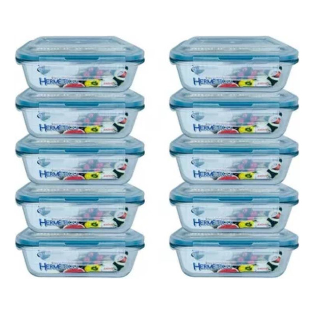 Kit 10 Pote Hermético De Vidro Retangular 640ml Quality House Azul-claro Kit 10 Pote Hermético De Vidro Retangular 640ml Quality House Azul-claro