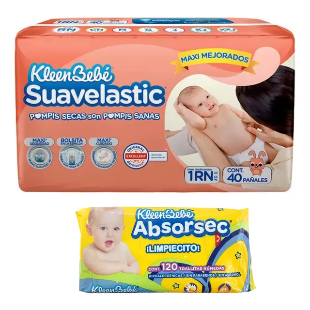 Kit Pañales Kleenb Suav Rn 40p + Toallitas Klb Absorsec 120p