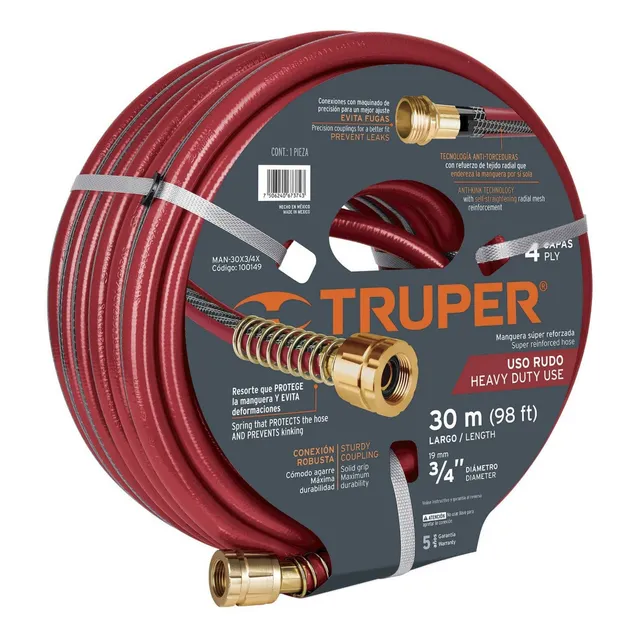 Manguera 30 Metros Uso Rudo Super Reforzada 3/4 100149 Color Rojo