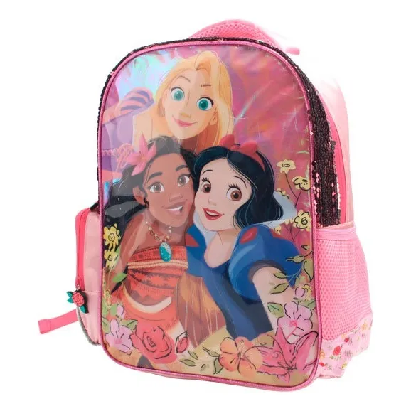 Mochila Escolar Infantil Lentejuelas Princesas Disney Color Rosa Chicle Diseño De La Tela Lisa