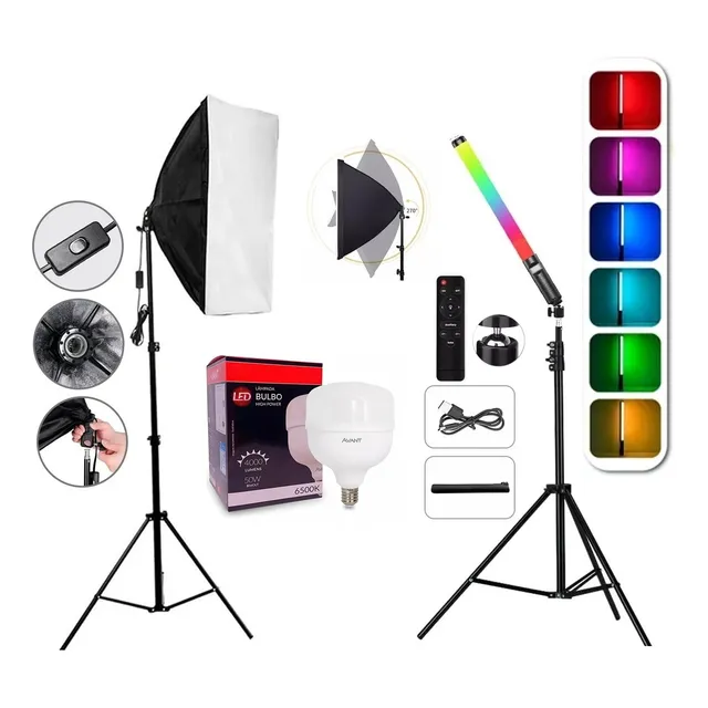 Kit Softbox + Bastão De Led Rgb Estúdio + Lampada Bulbo 50w