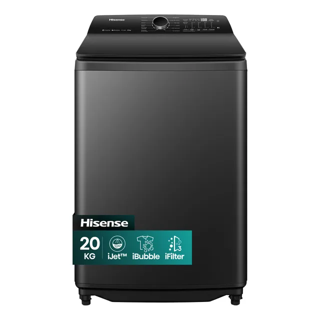 Hisense Lavadora de carga superior WT5i2023DB, Totalmente automático, 20 Kg, Ahorro de agua, Lavado de marea, 65x69x110cm(AnchoxLargoxAlto), Negro