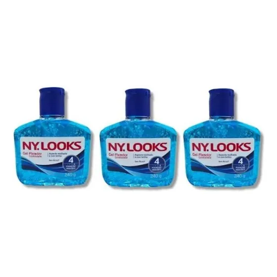 3 Gel Fixador Ny. Looks Azul Fator 4 Fixação Mega Forte 240g