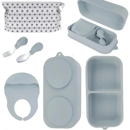 Kit Refeição Infantil Em Silicone Portátil Com Prato Ventosa Babador Estojo Garfos E Colheres