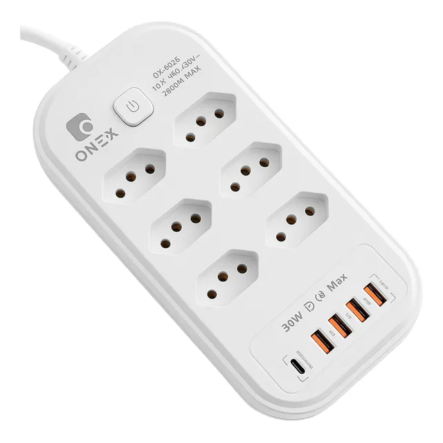 Extensão Régua Filtro De Linha 6 Tomadas Usb Turbo 2 Metros