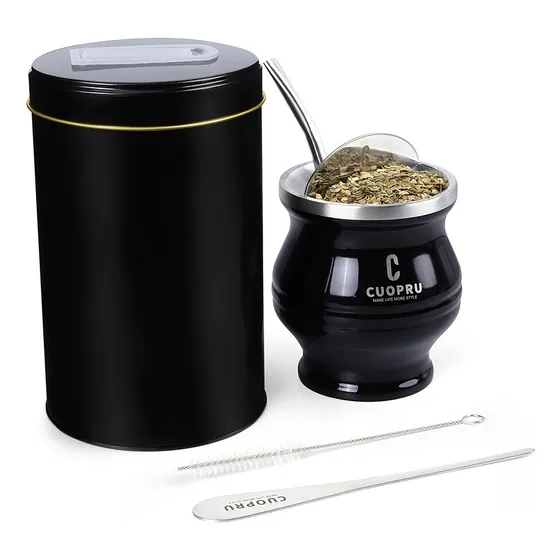 Set Yerba Mate Black, Taza Con Forma De Calabaza Y Tarro Por