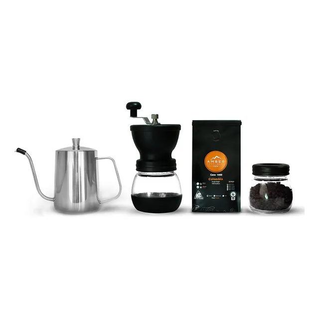 Kit Cafetero Molino Vidrio + Cuello Cisne 600ml + Café Grano
