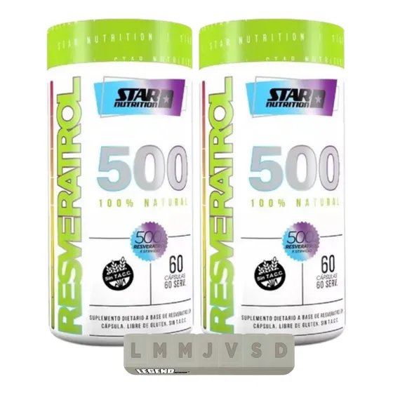 Combo Resveratrol 500 Star Nutrition X2 60 Cápsulas Antioxidante Sin Sabor + Pastillero Legend Suplemento Natural De Alta Concentración Para Salud Celular Y Longevidad