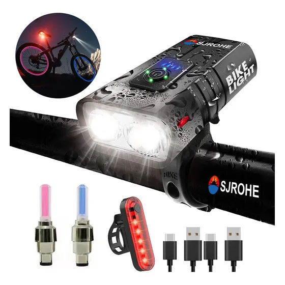 Sjrohe Juego De 4 Luces Para Bicicleta 6 Modo Linterna Ipx6 2000 Lúmenes Luz De Neumático Faro De Bicicleta De Emergencia Recargable Kit Para Bicicleta Led Lights Accesorios Para Bicicletas