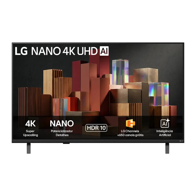 Smart TV LG 50 polegadas 4K UHD NanoCell exibindo arte abstrata colorida na tela com ícones de recursos como 4K, HDR 10 e LG Channels