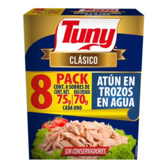 Atún En Agua Tuny Clásico 8 Sobres De 75 G C/u