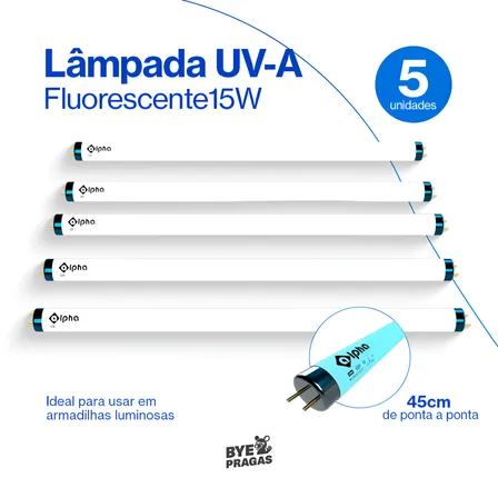 Kit 5 Lâmpadas Luz Armadilha Luminosa Uv-a Fluorescent 15w Pega Mata Insetos Mosquito Combate Moscas - Restaurante Hotel Mercado Pizzaria Super Mercado Pousada Hamburgueria Açougue Oficial Bye Pragas