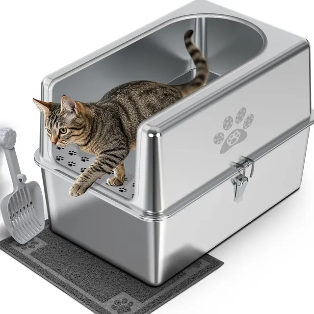 Caja De Arena Para Gatos De Acero Inoxidable Cerrada Pwtaa X