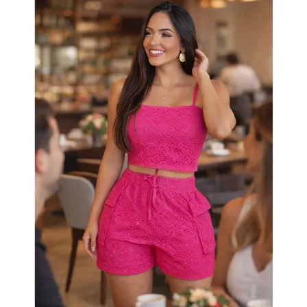 Conjunto Feminino Cropped Top E Short Cós Alto Verão Casual