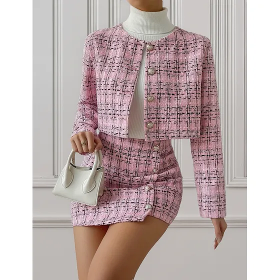 Conjunto Blazer Y Pollera Importado De Tweed Negro Y Rosa
