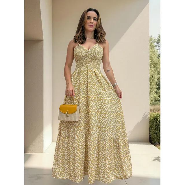 Vestido Longo Mini Decote V - Lastex + Frete Gratis