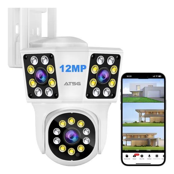 Câmera de segurança Wifi externa com três lentes Atsg GAD 12mp Ip66 na cor branca