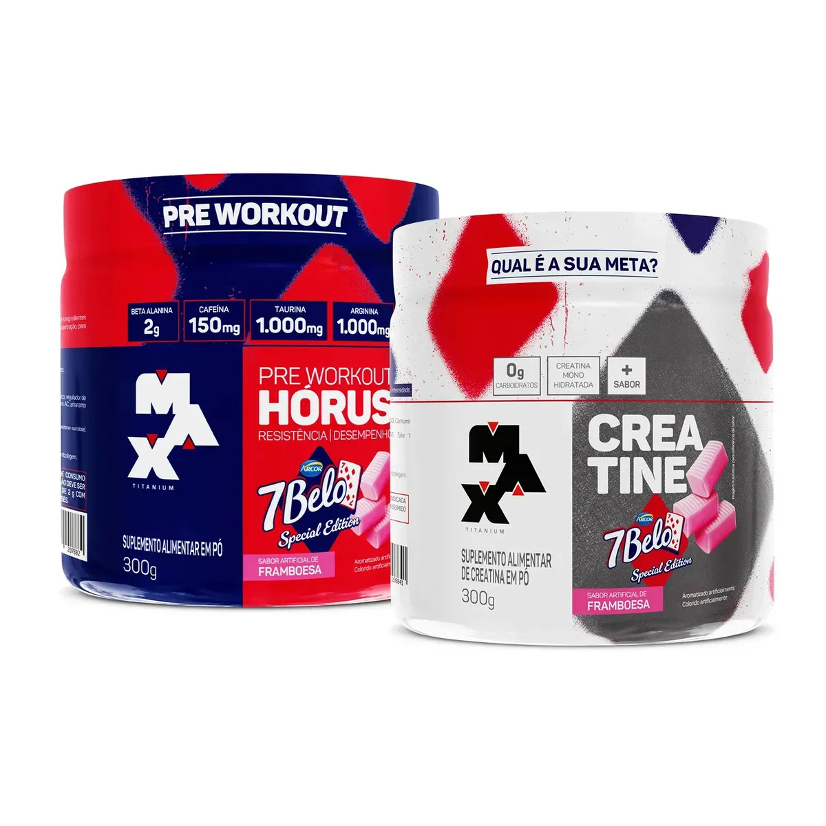 Kit Pre Treino Horus e Creatina Max Titanium 7 Belo Framboesa